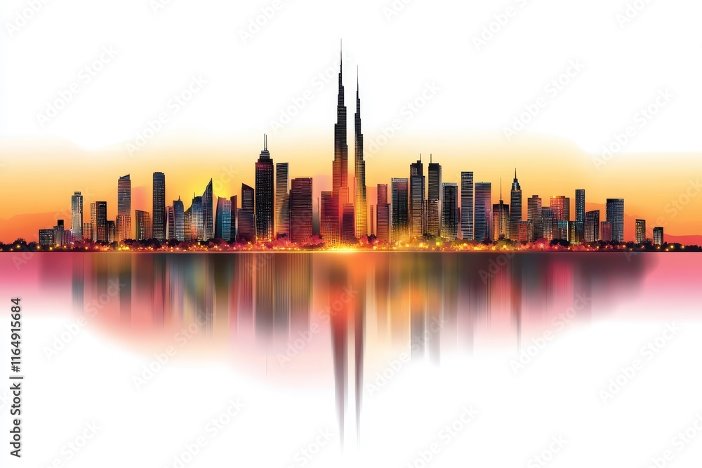 Naklejka premium Stunning Sunset Reflection of a Modern City Skyline with Skyscrapers and Vibrant Colors Showcasing Urban Life and Architectural Beauty