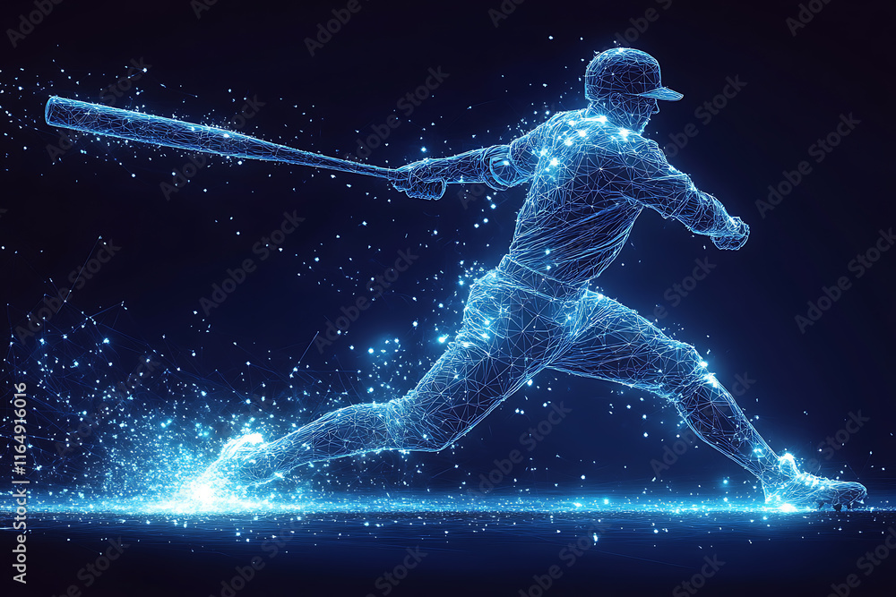 a baseball player in action, swinging a bat to hit the ball with power and precision. The design captures energy, athleticism, and competition, rendered in a sleek low-poly style with glowing effects a baseball player in action, swinging a bat to hit the ball with power and precision. The design captures energy, athleticism, and competition, rendered in a sleek low-poly style with glowing effects