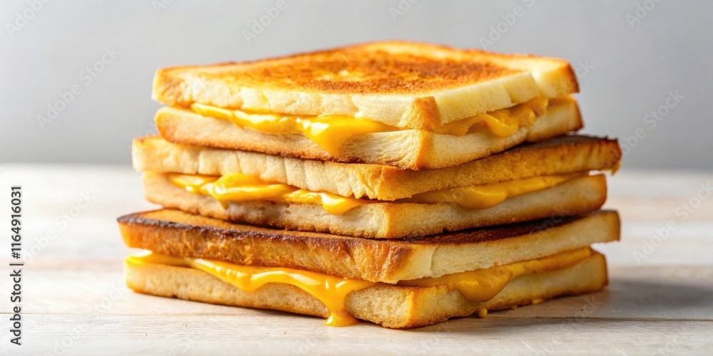 A stack of golden-brown, perfectly toasted cheese sandwiches with melted cheese oozing out, resting on a light wooden surface. A stack of golden-brown, perfectly toasted cheese sandwiches with melted cheese oozing out, resting on a light wooden surface.