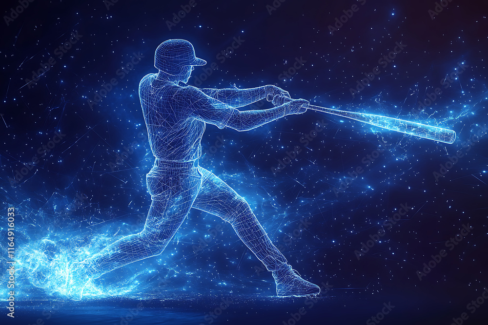 a baseball player in action, swinging a bat to hit the ball with power and precision. The design captures energy, athleticism, and competition, rendered in a sleek low-poly style with glowing effects a baseball player in action, swinging a bat to hit the ball with power and precision. The design captures energy, athleticism, and competition, rendered in a sleek low-poly style with glowing effects