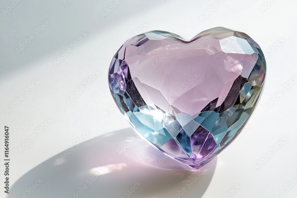 Elegant soft reflections on heart gemstone, white surface. Elegant soft reflections on heart gemstone, white surface.