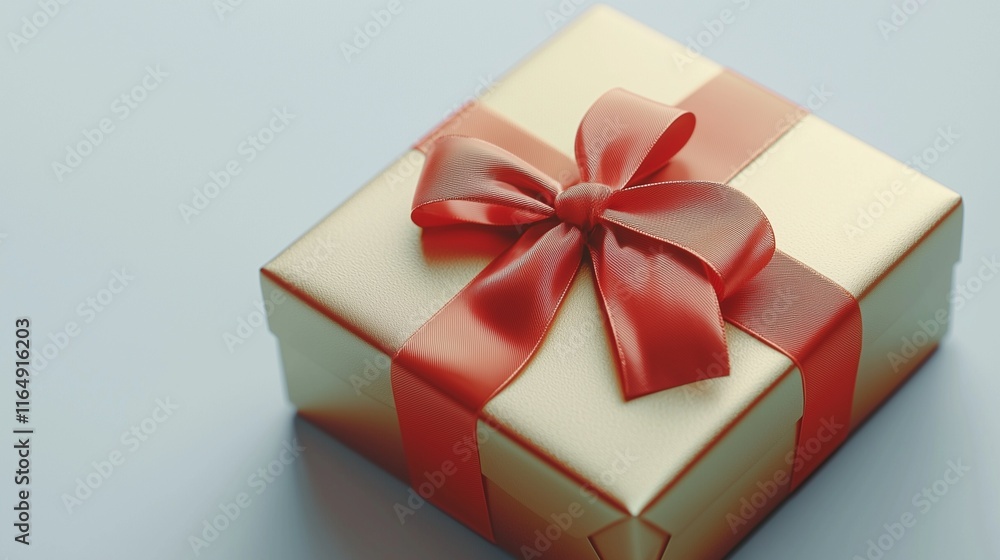 Elegant gift box in gold with red ribbon, soft-focused white background. Elegant gift box in gold with red ribbon, soft-focused white background.