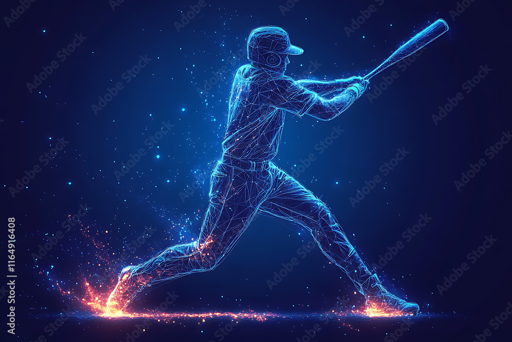a baseball player in action, swinging a bat to hit the ball with power and precision. The design captures energy, athleticism, and competition, rendered in a sleek low-poly style with glowing effects a baseball player in action, swinging a bat to hit the ball with power and precision. The design captures energy, athleticism, and competition, rendered in a sleek low-poly style with glowing effects