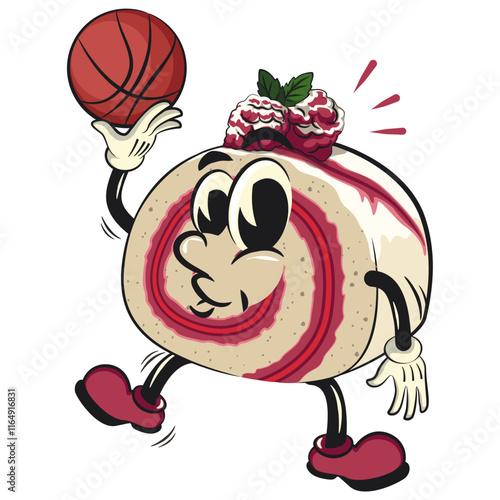 raspberry roll cake cute cartoon isolated vector illustration character mascot playing basketbal, work of hand drawn