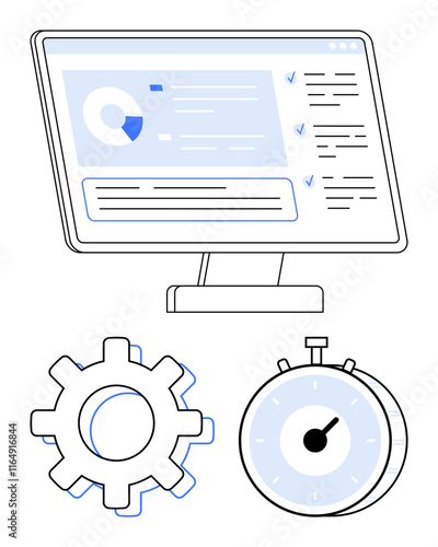 Monitor displaying charts and checklists, gear symbolizing processes, stopwatch denoting time management. Ideal for productivity, planning, workflow, analytics, project management, optimization