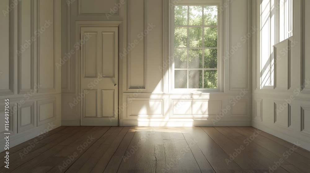 Fototapeta premium Sunlit Room with White Walls and Wood Floor