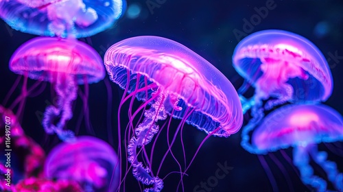 Glowing pink and blue jellyfish underwater.