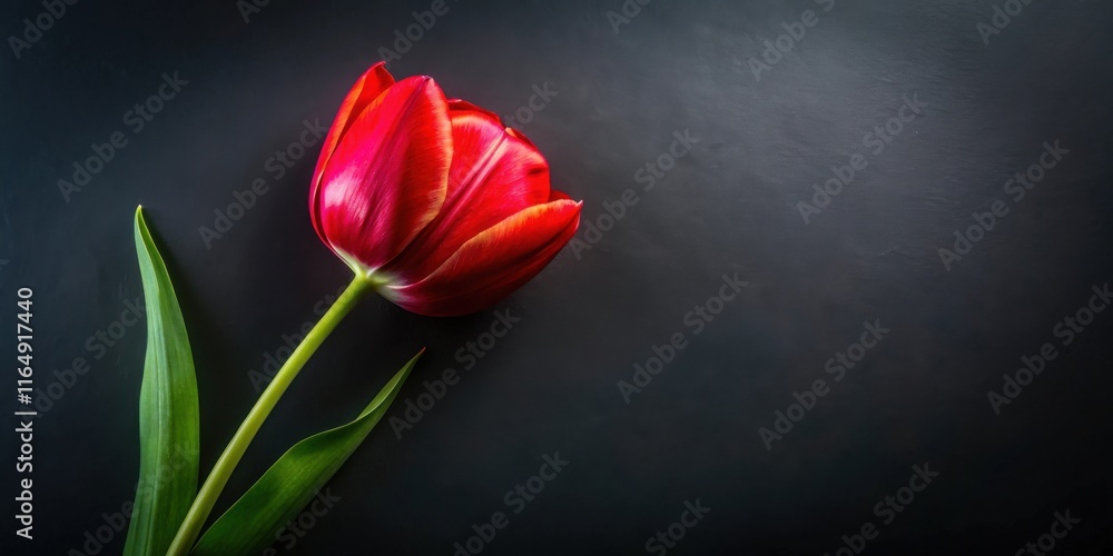 A single vibrant red tulip with yellow accents against a dark background, symbolizing elegance and springtime A single vibrant red tulip with yellow accents against a dark background, symbolizing elegance and springtime