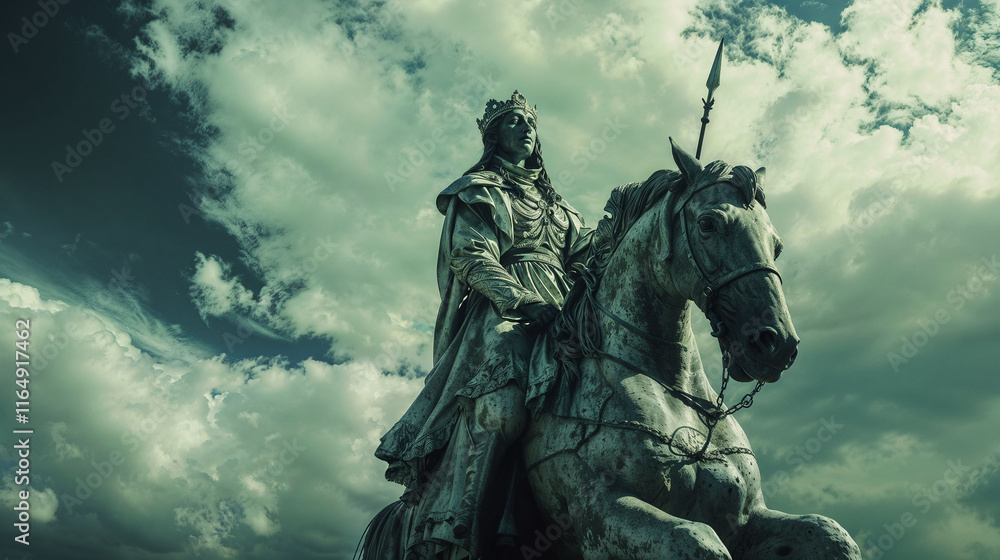 Ancient bronze equestrian statue of a crowned queen monarch in medieval armor mounted on a majestic horse, photographed against dramatic turquoise storm clouds at sunset Ancient bronze equestrian statue of a crowned queen monarch in medieval armor mounted on a majestic horse, photographed against dramatic turquoise storm clouds at sunset