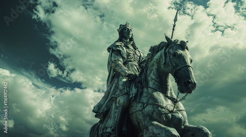 Ancient bronze equestrian statue of a crowned queen monarch in medieval armor mounted on a majestic horse, photographed against dramatic turquoise storm clouds at sunset photo