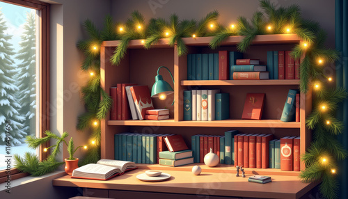 Wallpaper Mural Festive Bookshelf with Holiday Lights and Books Torontodigital.ca