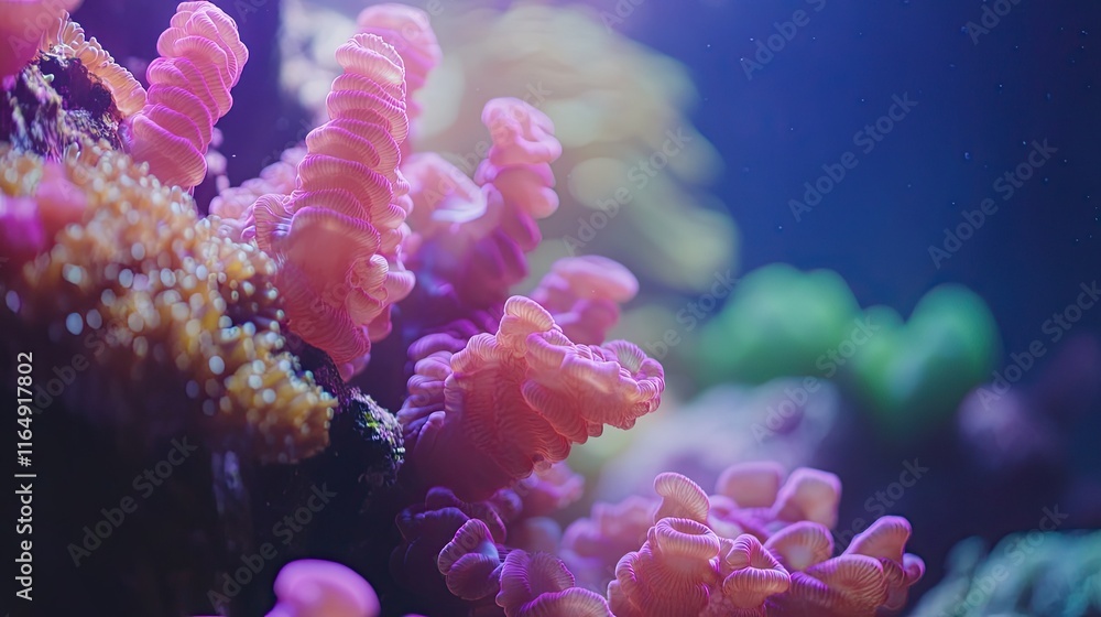 Naklejka premium Vibrant pink and orange coral reef underwater.