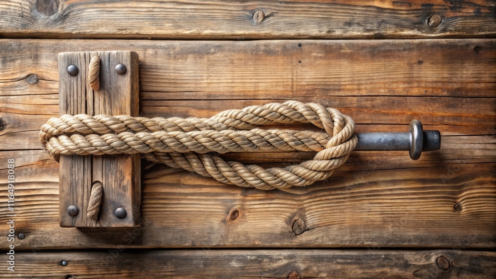 Rustic Wooden Background with Knotted Rope and Metal Fastener Rustic Wooden Background with Knotted Rope and Metal Fastener