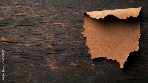 Torn abstract background idea. Torn brown paper corner on rustic dark wooden surface creates a vintage look. photo