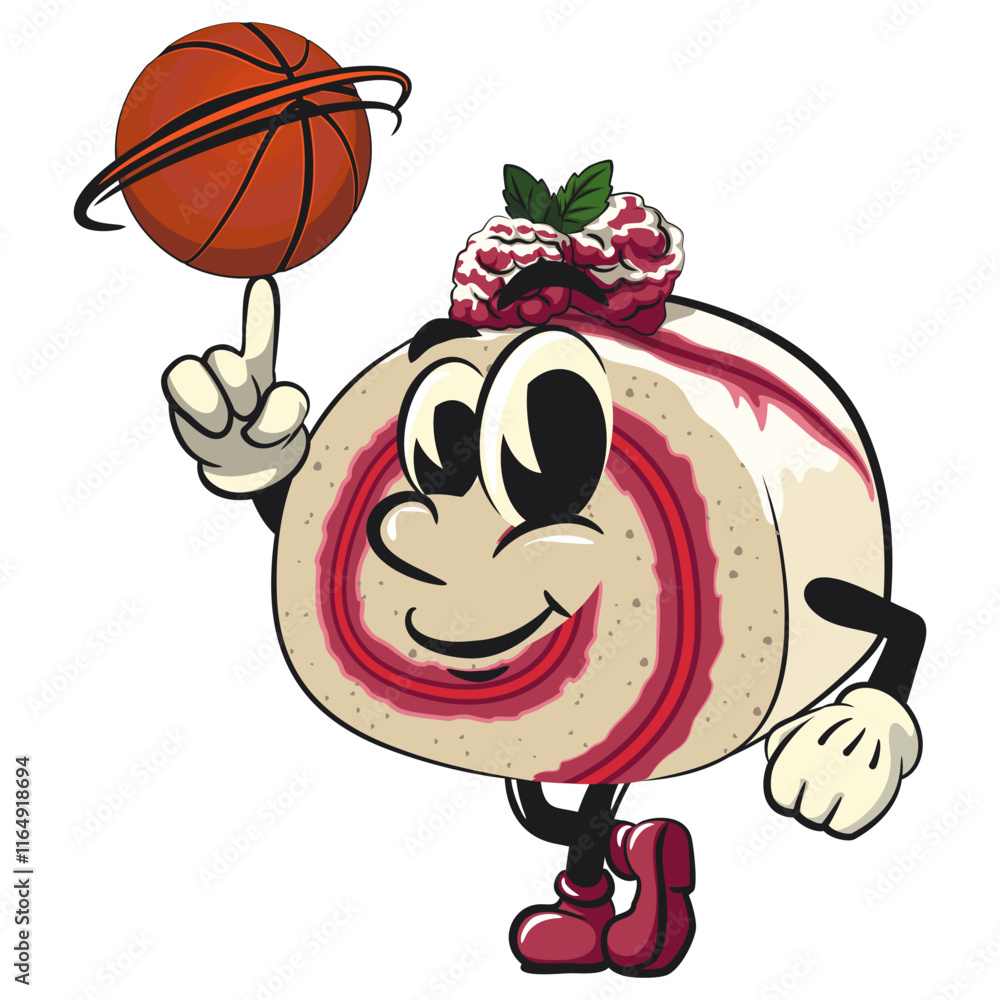 Obraz premium raspberry roll cake cute cartoon isolated vector illustration character mascot spin the basketball with the index finger, work of hand drawn