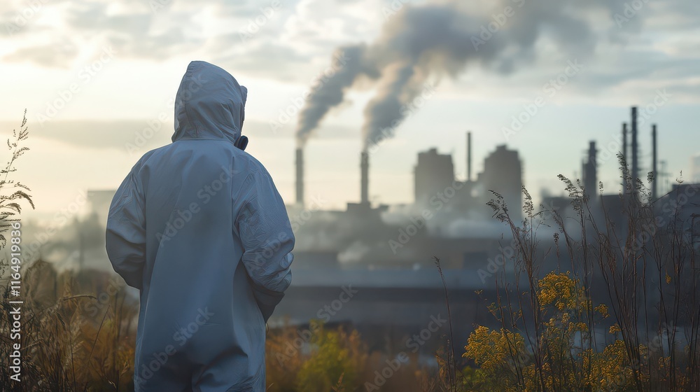 Man in Protective Gear Amidst Industrial Pollution Man in Protective Gear Amidst Industrial Pollution