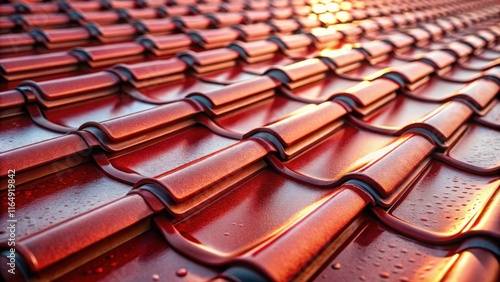 Wallpaper Mural Close-up view of a newly installed, red, interlocking roof tile pattern glistening in the sunlight Torontodigital.ca