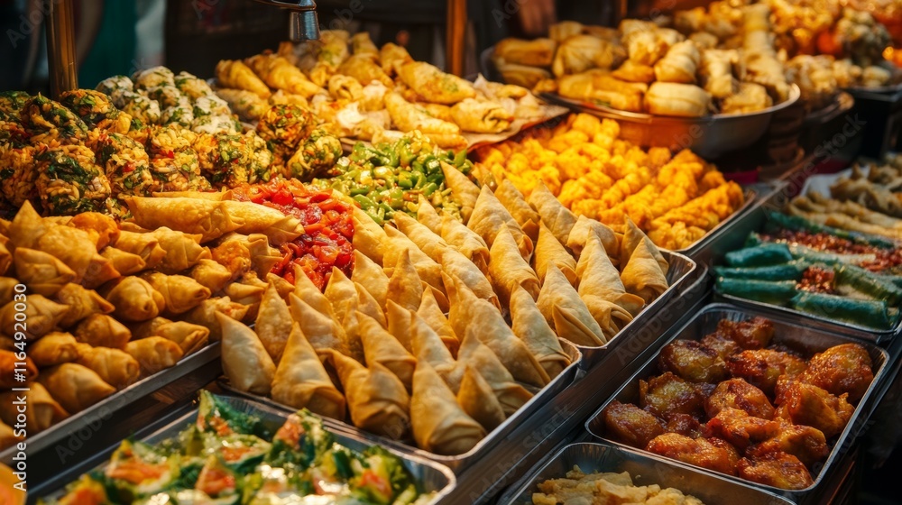 Obraz premium A creative and colorful arrangement of international street foods, like samosas, spring rolls, and empanadas, ready for a culinary adventure,