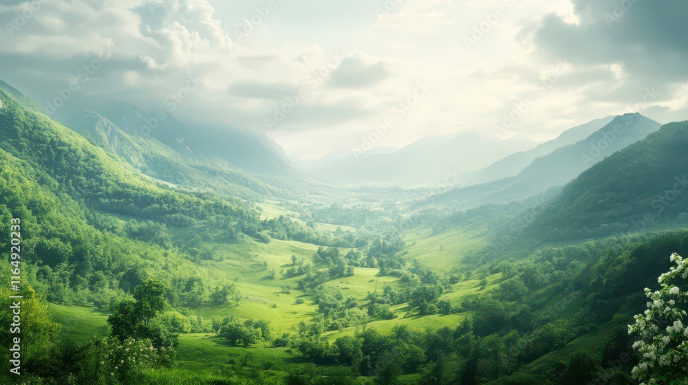 Fototapeta premium Serene Mountain Valley with Lush Greenery and Misty Mountains