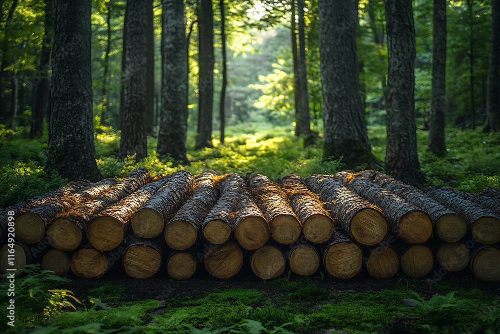 Firewood logs neatly stacked and drying near trees in a forest, symbolizing a sustainable and renewable energy source, with a natural and eco-friendly ambiance Firewood logs neatly stacked and drying near trees in a forest, symbolizing a sustainable and renewable energy source, with a natural and eco-friendly ambiance