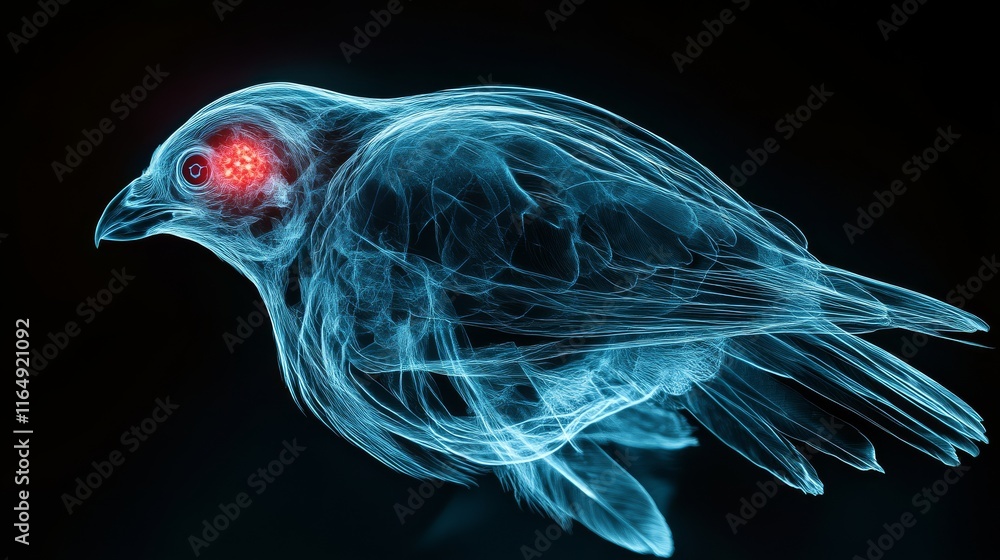 Obraz premium A glowing, translucent bird with vibrant red eyes, showcasing a unique blend of technology and nature.