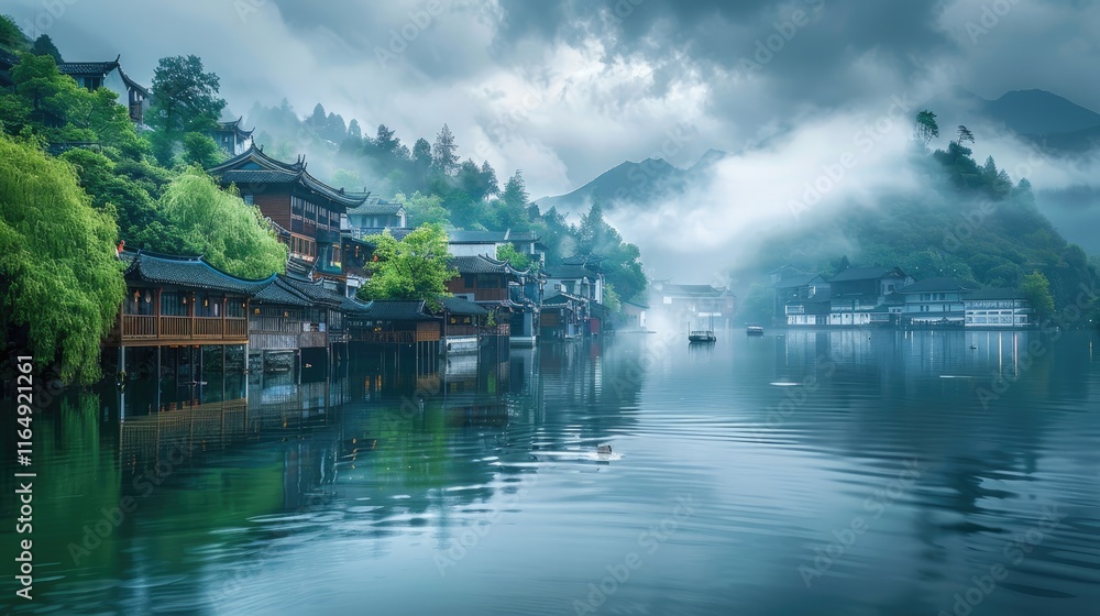 Serene waterscape with traditional architecture amidst misty mountains. Serene waterscape with traditional architecture amidst misty mountains.
