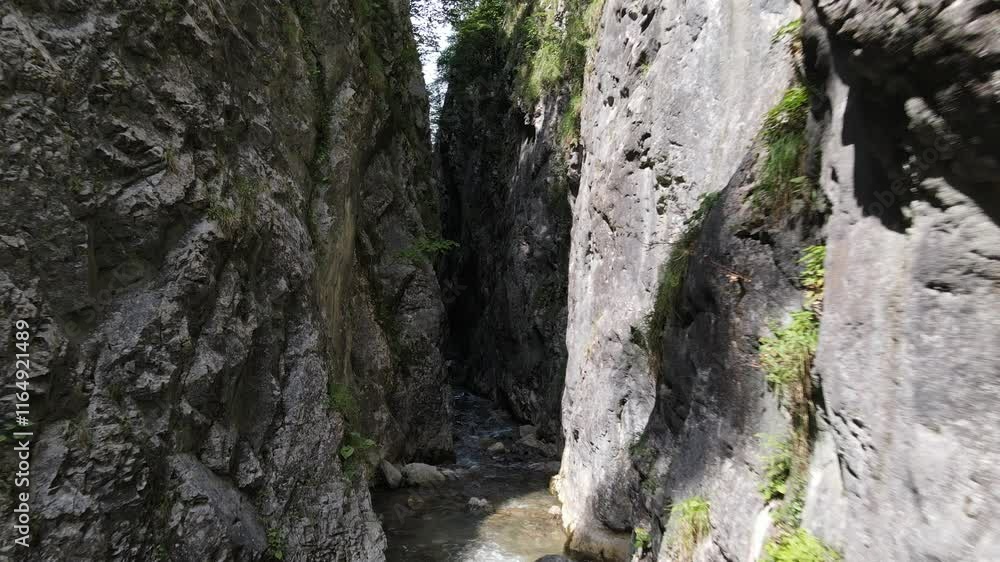 Man Walking Canyon River Aerial View Man Walking Canyon River Aerial View