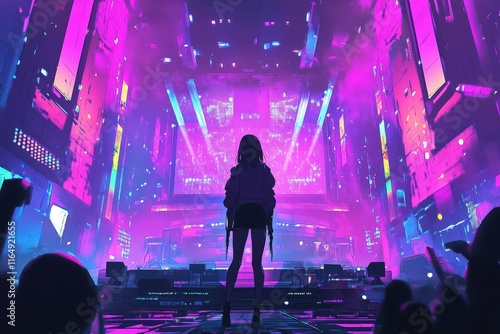 Cyberpunk Girl Stands Before a Vibrant Stage Show