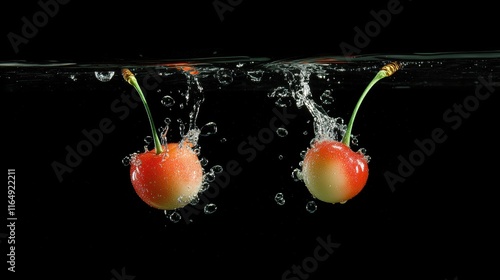 Delicious cherries splashing into clear water, capturing freshness and vitality. Perfect for healthy eating and fruit photography enthusiasts.