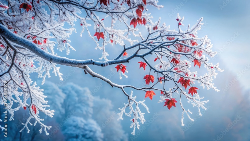 A Frosty Winter Scene Featuring a Branch Adorned with Red Leaves and Delicate Ice Crystals A Frosty Winter Scene Featuring a Branch Adorned with Red Leaves and Delicate Ice Crystals
