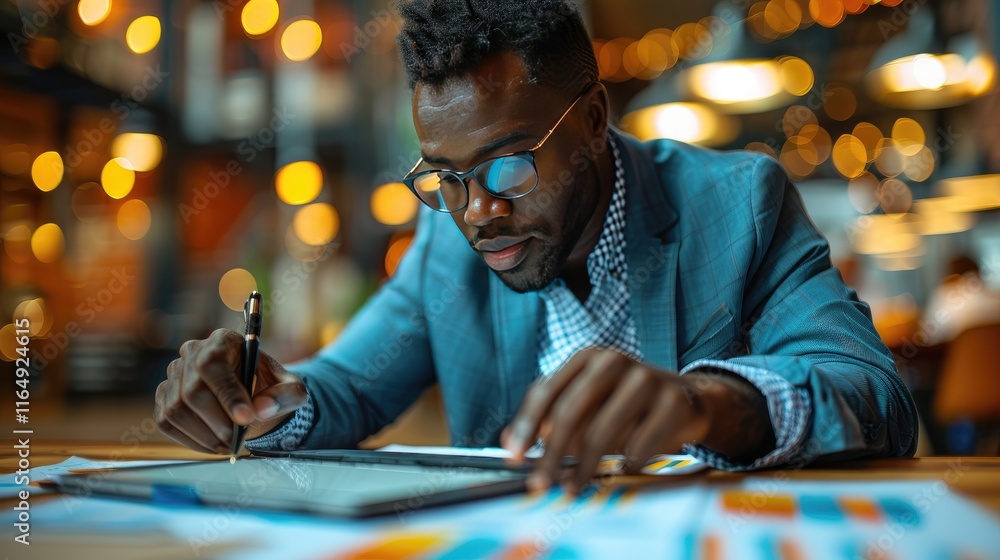 A man in a suit sketches on a tablet, surrounded by colorful charts and a cozy caf? ambiance. A man in a suit sketches on a tablet, surrounded by colorful charts and a cozy caf? ambiance.