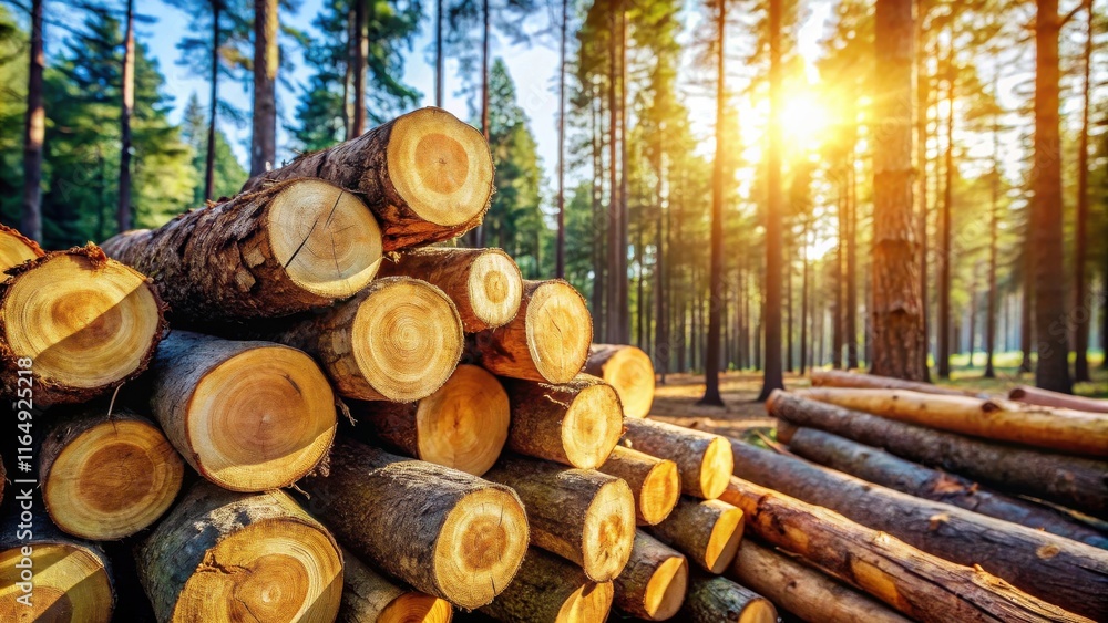 Golden Hour Lumber Stack in a Sun-Dappled Forest Golden Hour Lumber Stack in a Sun-Dappled Forest