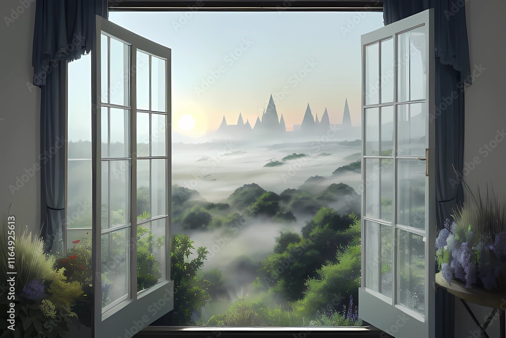 Fototapeta premium ゲーム背景 大きな窓のある朝焼けの異世界ホテル室内風背景 