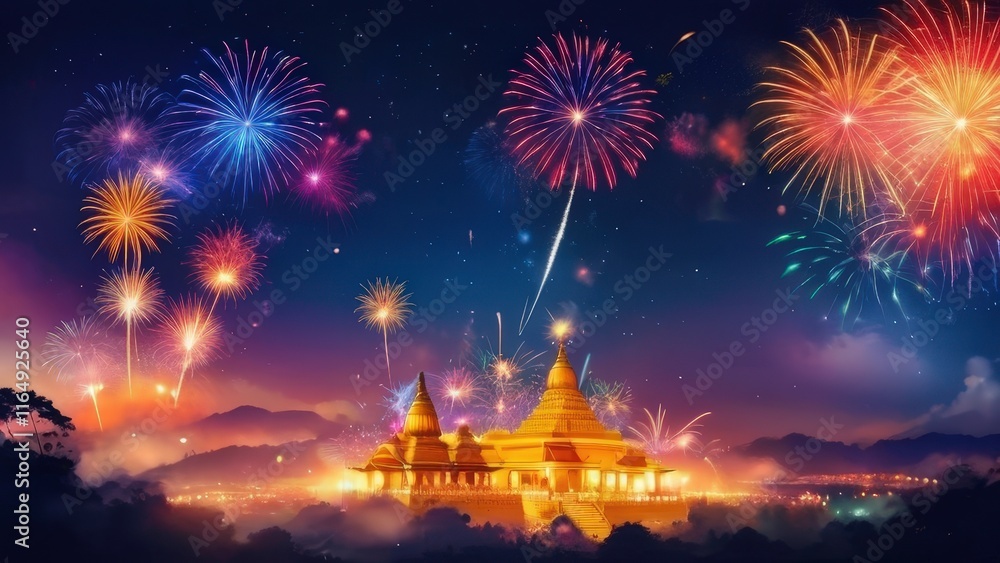 Naklejka premium Golden Pagoda Fireworks Extravaganza 