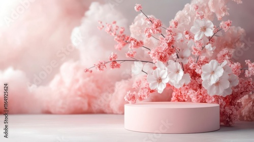 Wallpaper Mural Elegant pink flowers adorn a minimalist podium, creating a serene and delicate scene. Torontodigital.ca