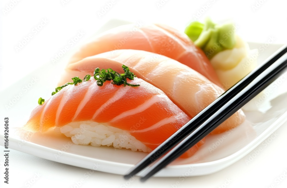 Delicious sushi pieces on a white plate with chopsticks. Delicious sushi pieces on a white plate with chopsticks.