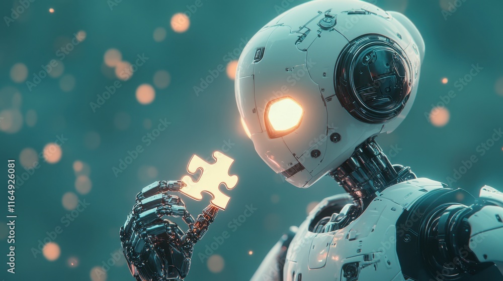 Fototapeta premium Futuristic Robot Holding Puzzle Piece in Abstract Background