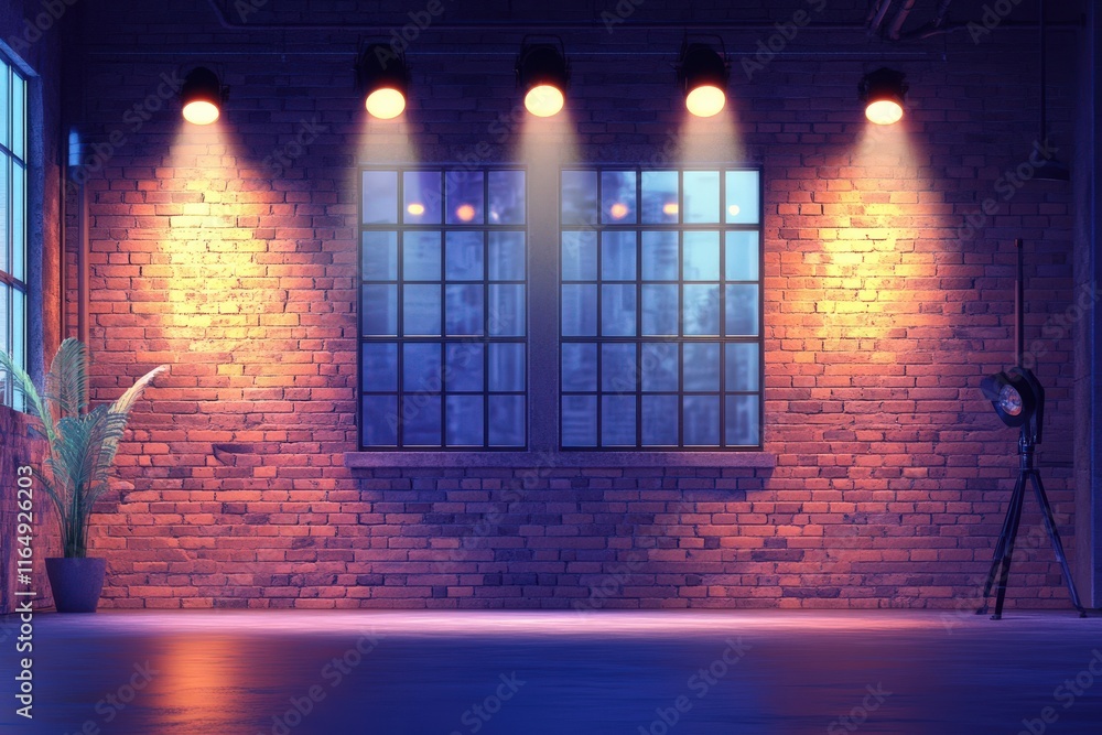 Fototapeta premium Illuminated Brick Wall Studio Night Scene With Lights