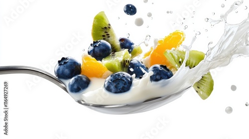 Fototapeta Naklejka Na Ścianę i Meble -  Fresh, vibrant fruits and creamy yogurt splash on spoon, illustrating healthy eating, colorful nutrition, and delicious wellness choice.