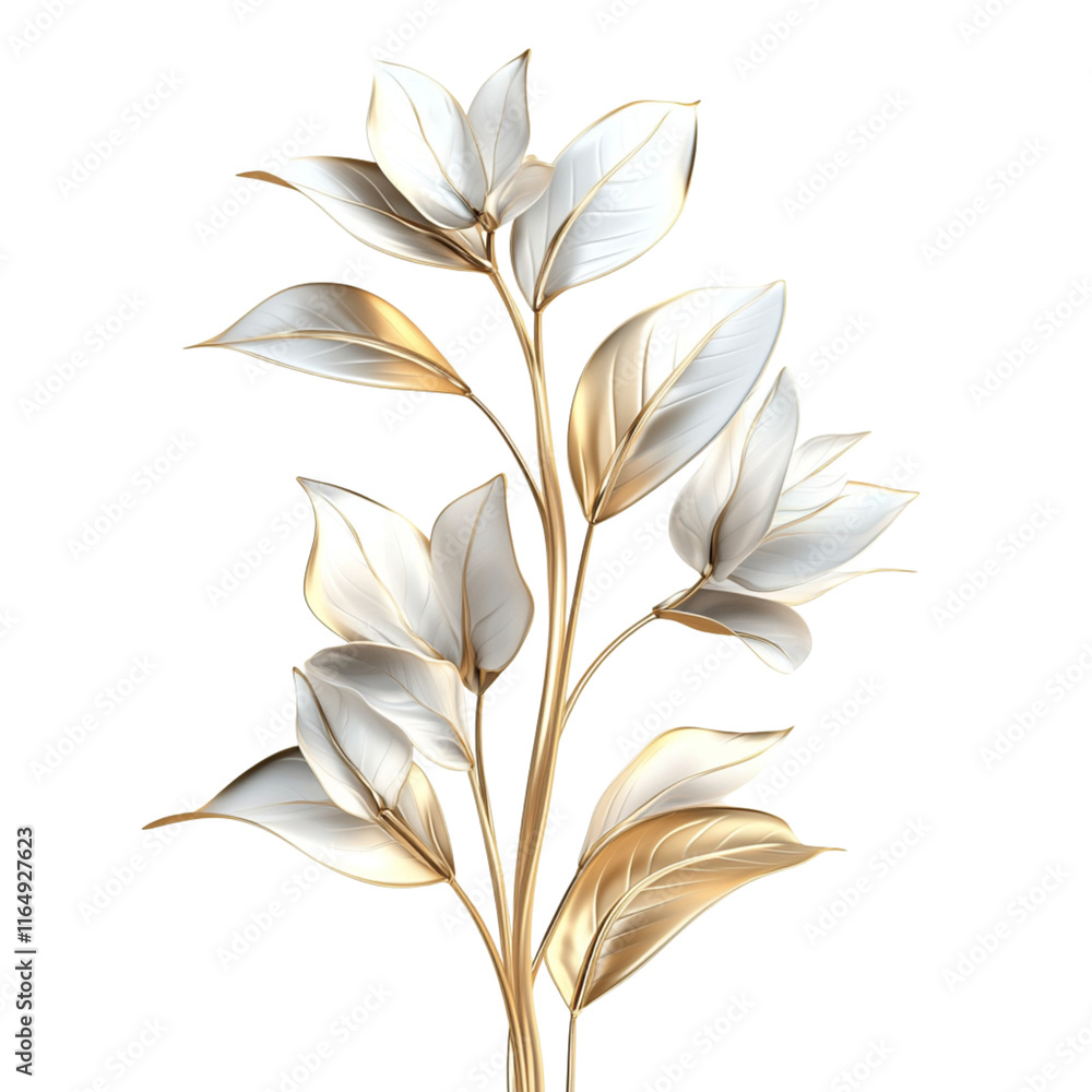 3D illustration of a golden tree with luxurious white leaves on a white background. 3D illustration of a golden tree with luxurious white leaves on a white background.