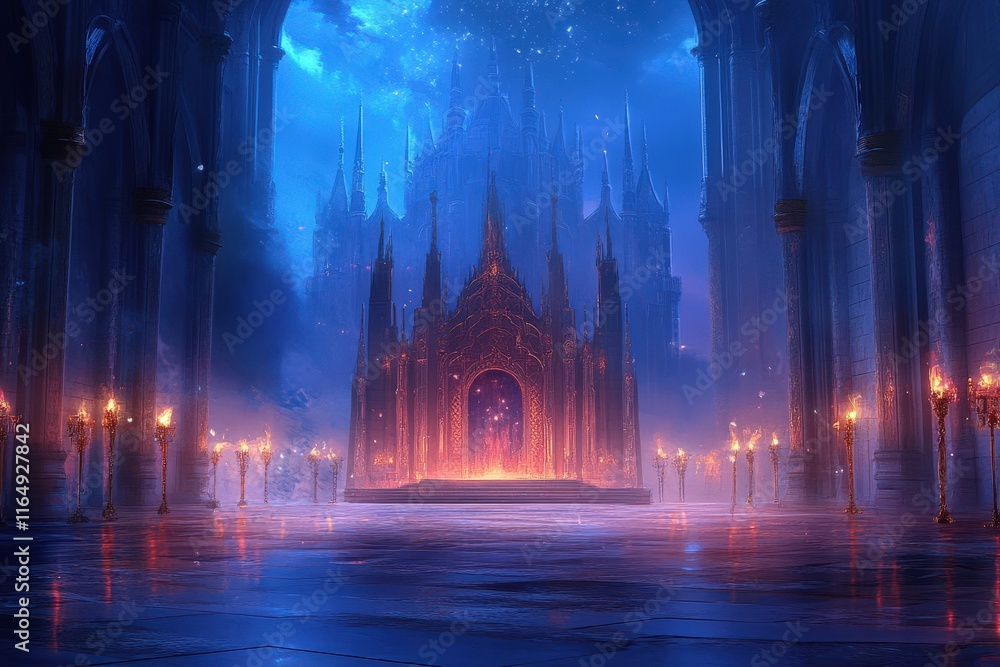 Grand Castle Entrance Night Scene Illuminated By Torches Grand Castle Entrance Night Scene Illuminated By Torches