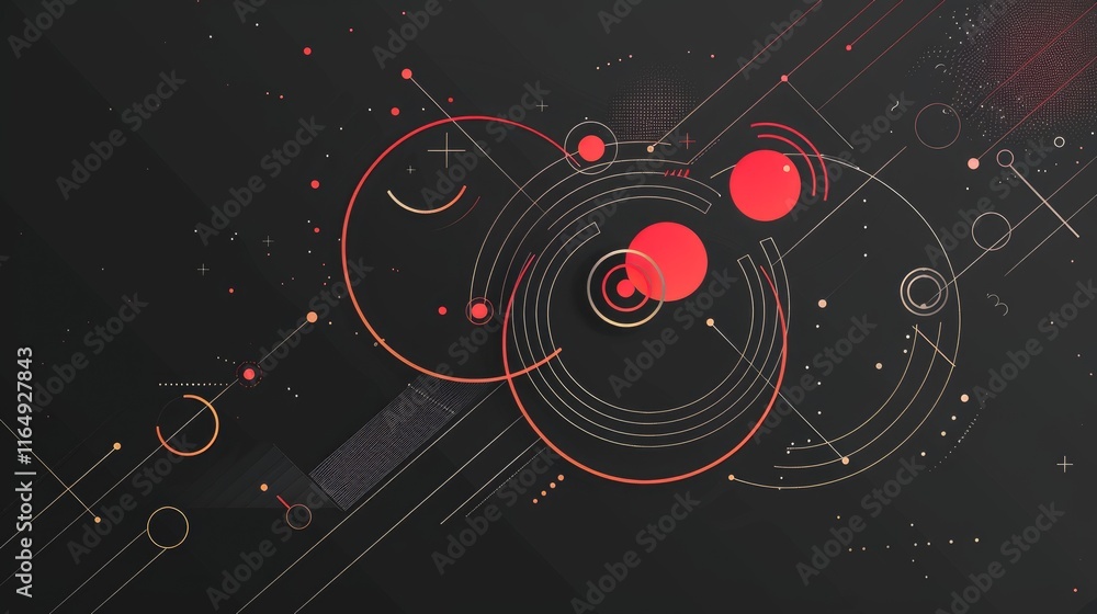 Obraz premium Abstract geometric design with circles and lines on a dark background.
