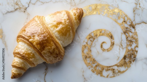 Elegant croissant on marble background with golden spiral, highlighting gourmet pastry finesse and luxurious culinary presentation. Perfect bakery delicacy.