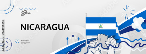 Nicaragua Independence Day greeting banner. September 15th is celebrated as Nicaraguan National Day annually. Modern template with flag and raised fist. Nicaragua Day illustration concept.