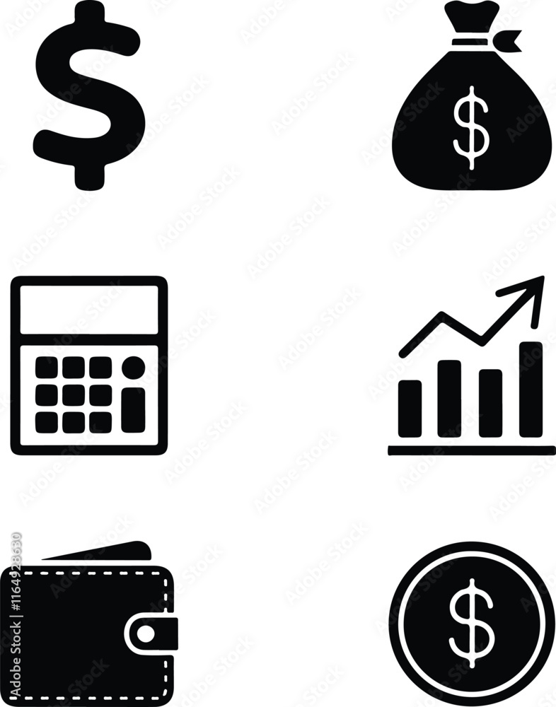 Finance icons set. Money, calculator, wallet. Vector illustration Finance icons set. Money, calculator, wallet. Vector illustration