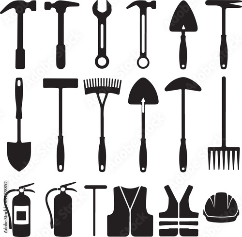 set of black construction tools icons on white background. Vector illustration.