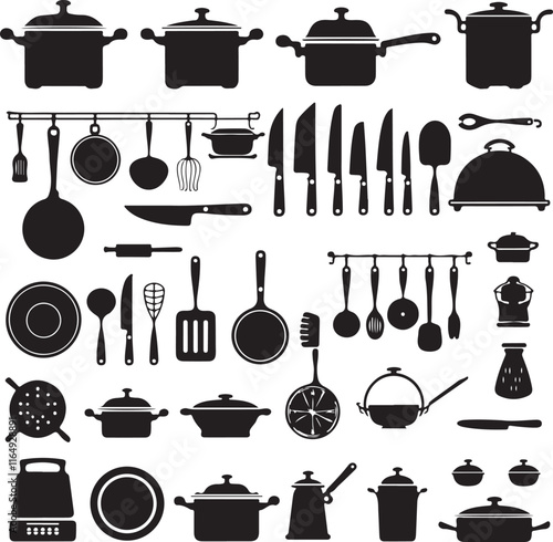 Set of kitchen utensils and cookware icons, vector illustration