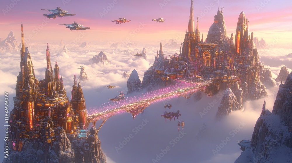 Fototapeta premium A fantastical cityscape with towering structures and flying vehicles amidst clouds at sunset.