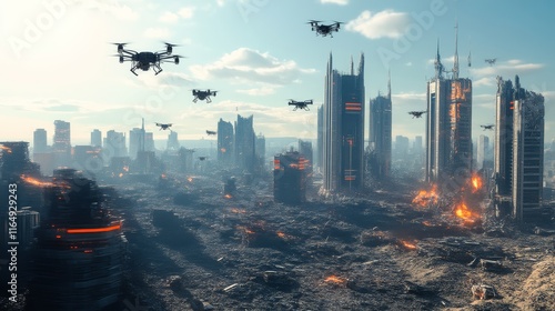 A futuristic cityscape in ruins, filled with drones flying over a devastated landscape, highlighting themes of destruction and technology. photo