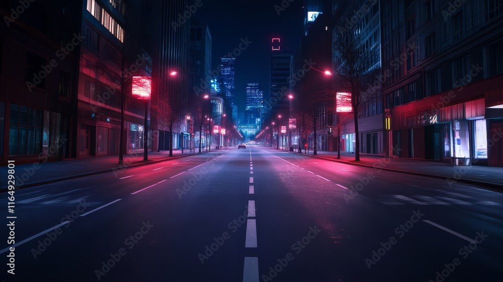 Fototapeta premium A deserted urban street at night, illuminated by neon lights, creating a futuristic and atmospheric scene.